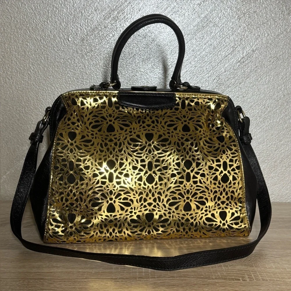 Arezzo Women Black Gold Leather Cut Out Satchel Hand Shoulder Bag